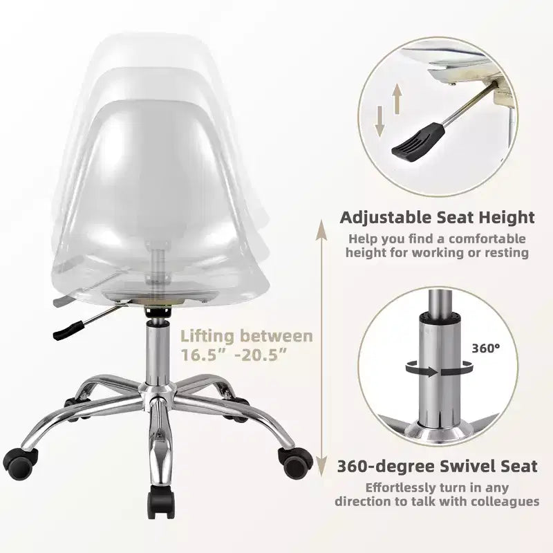 Costway Lot de 2 Chaises de Bureau sans Accoudoirs en Acrylique à Roulettes Chaise de Coiffeuse Pivotante Transparente Réglable