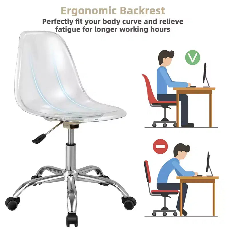 Costway Lot de 2 Chaises de Bureau sans Accoudoirs en Acrylique à Roulettes Chaise de Coiffeuse Pivotante Transparente Réglable