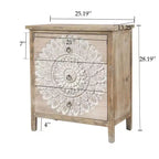 LuxenHome Commode d'appoint 3 tiroirs 71,6 cm (H) x 64 cm (l) en bois naturel avec motifs floraux blancs. Marron