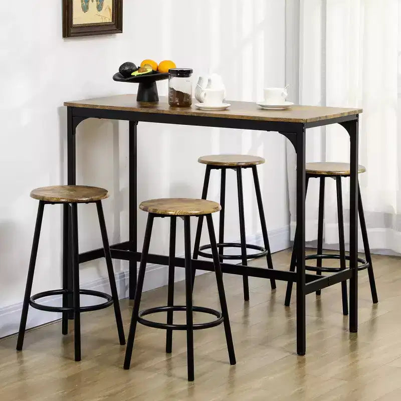 HOMCOM Ensemble 5 Pièces Table de Bar Hauteur Comptoir et Chaises, Table de Bar Rustique avec Tabourets, Table de Cuisine avec 4 Chaises et Plateau en Bois