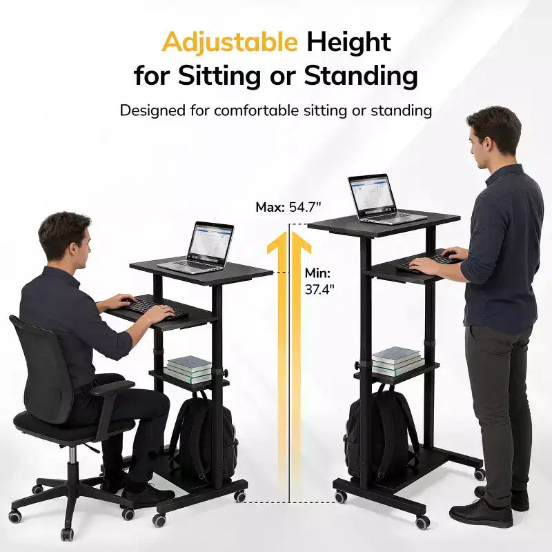 Mount-It! Bureau mobile assis-debout réglable en hauteur et poste de travail informatique avec roues verrouillables - Noir