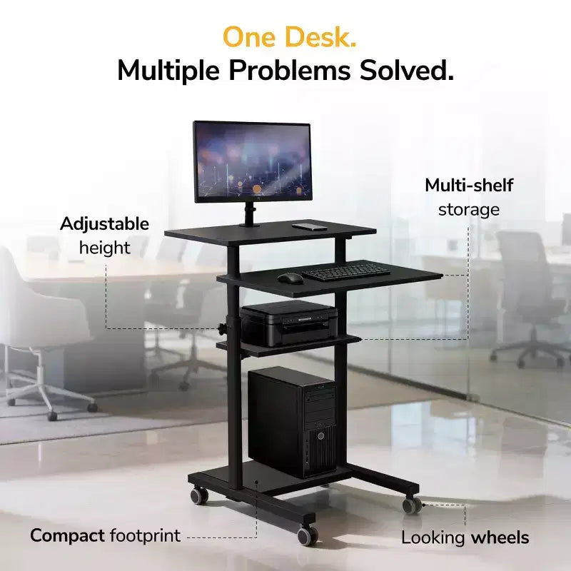 Mount-It! Bureau mobile assis-debout réglable en hauteur et poste de travail informatique avec roues verrouillables - Noir