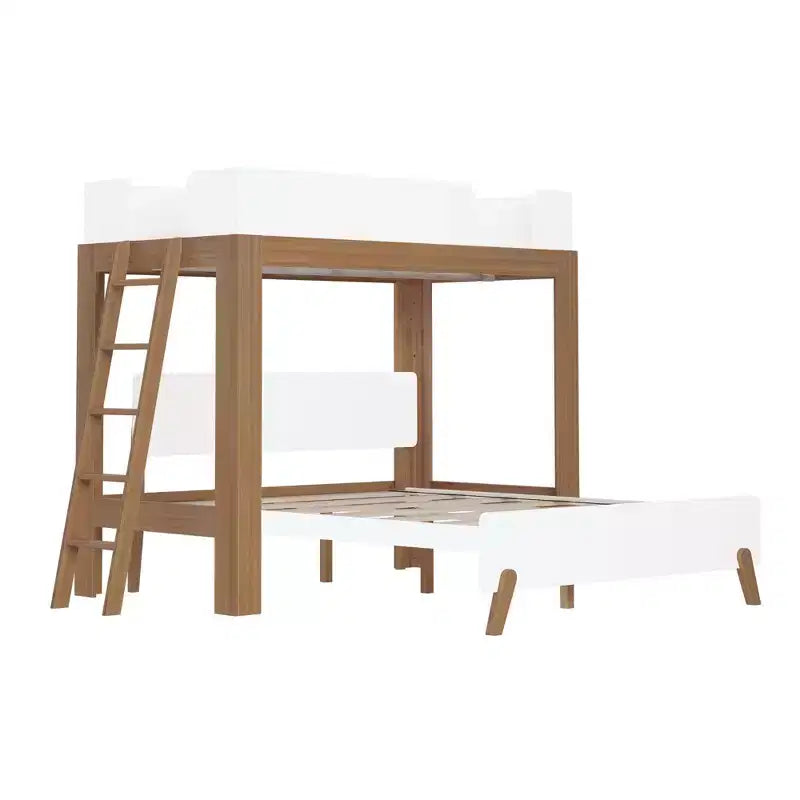 Lit superposé en L Max & Lily, style mi-siècle, deux places au-dessus d'un grand lit, en bois massif