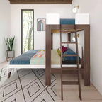 Lit superposé en L Max & Lily, style mi-siècle, deux places au-dessus d'un grand lit, en bois massif