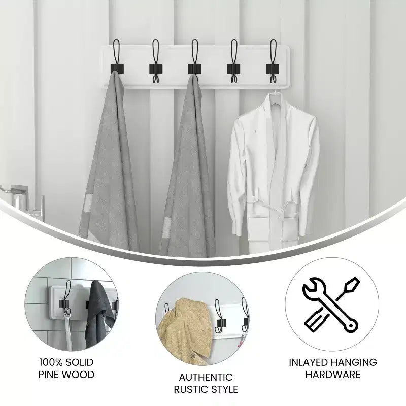 Flash Furniture Daly Étagère de rangement murale en pin massif blanc de 24 pouces avec 5 crochets pour entrée, cuisine, salle de bain