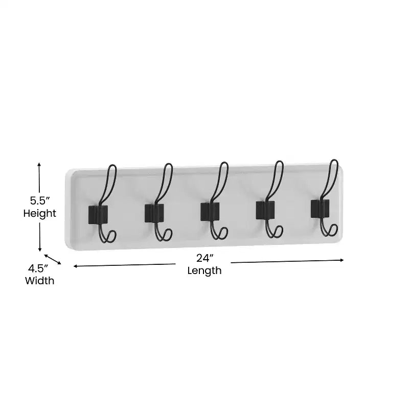 Flash Furniture Daly Étagère de rangement murale en pin massif blanc de 24 pouces avec 5 crochets pour entrée, cuisine, salle de bain
