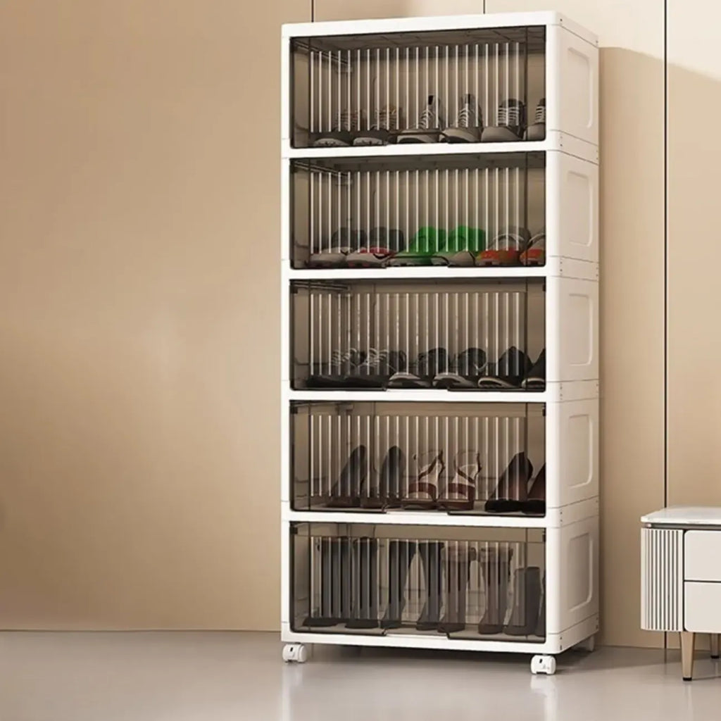 Meuble à chaussures blanc en plastique avec façade abattante et roulettes pour couloir