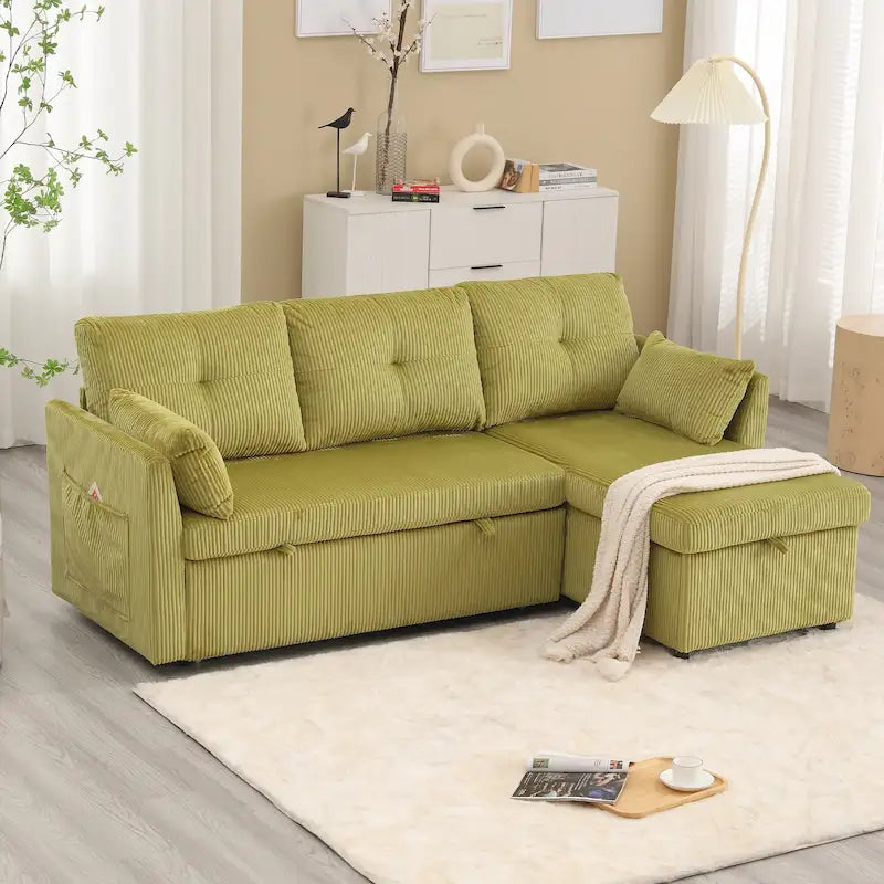 Canapé d'angle réversible en velours côtelé/chenille avec chaise longue de rangement et poche latérale