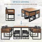 Ensemble de salle à manger de patio en bois d'acacia de 18 pièces, 8 chaises coussinées et 8 poufs et 2 tables carrées