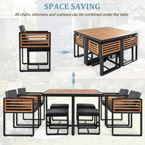 Ensemble de salle à manger de patio en bois d'acacia de 18 pièces, 8 chaises coussinées et 8 poufs et 2 tables carrées
