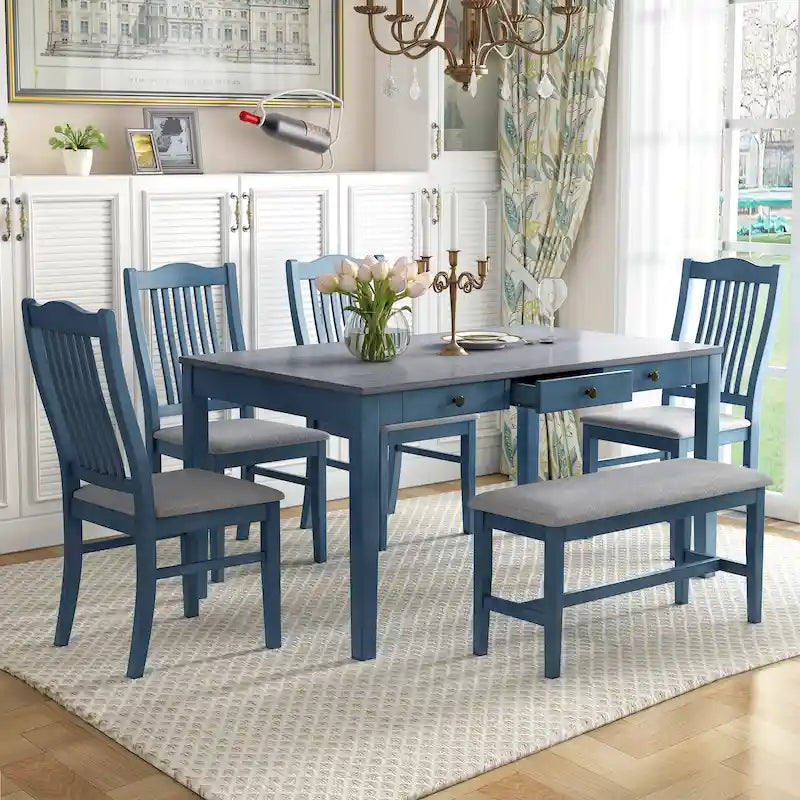 Ensemble de salle à manger 6 pièces en bois avec 4 chaises et un banc, table avec tiroir