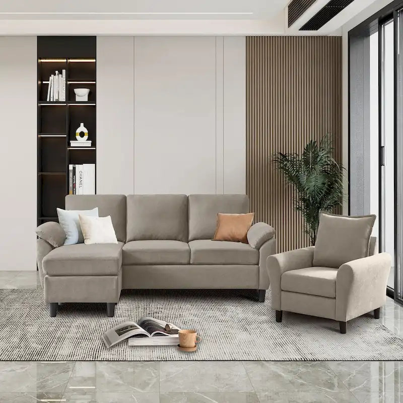 Canapé d'angle 3 places avec fauteuil et pouf pour salon