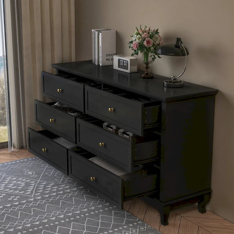 Commode de chambre à coucher avec tiroirs profonds en bois, commode double à 6 tiroirs