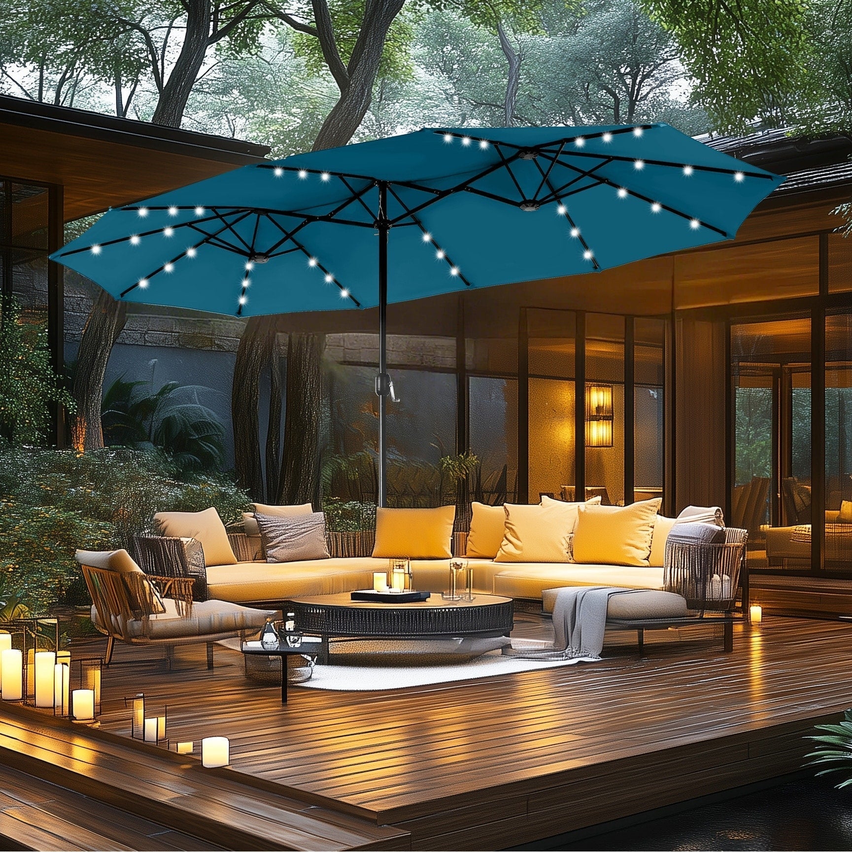 MAISON ARTS Parasol de marché extérieur rectangulaire de 4,5 m avec manivelle, double face, lumières LED solaires et base incluse