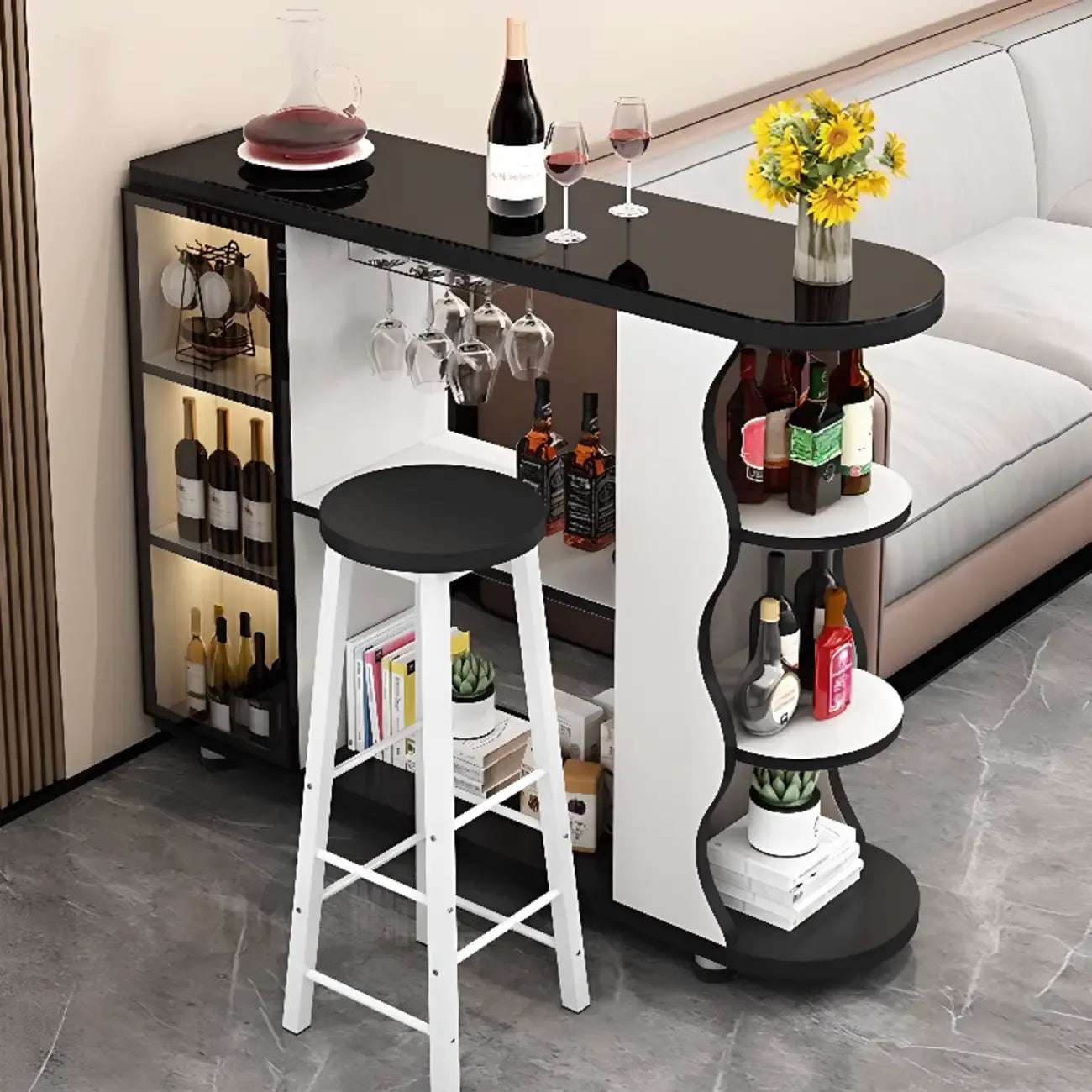 Table de bar îlot avec plateau en pierre et rangement pour bars à domicile