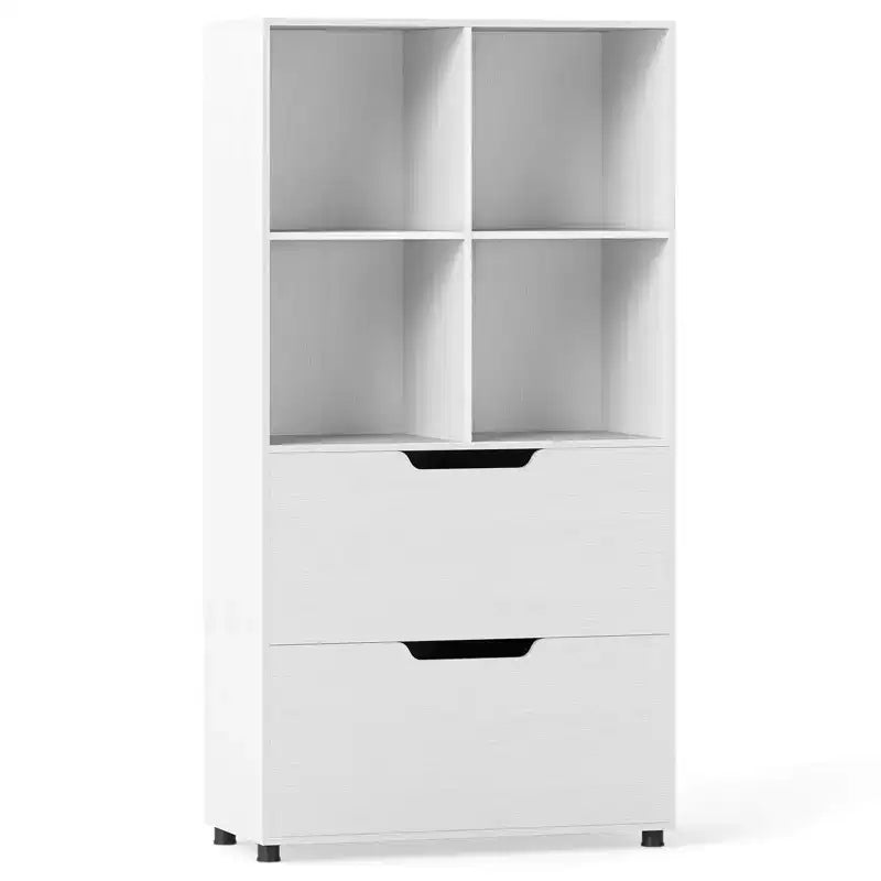Étagère Costway avec 2 tiroirs, bibliothèque ouverte à 4 niveaux avec 4 cubes de rangement pour le bureau à domicile