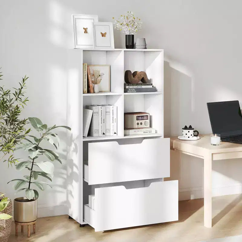 Étagère Costway avec 2 tiroirs, bibliothèque ouverte à 4 niveaux avec 4 cubes de rangement pour le bureau à domicile