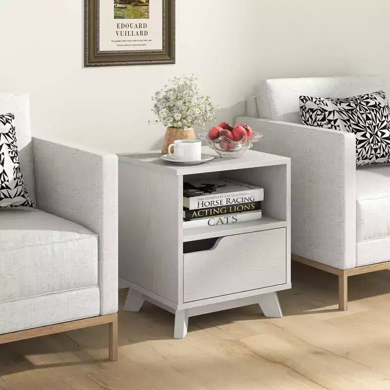 Costway Table de Chevet/D'appoint 1 ou 2 tiroirs avec Étagère de Rangement et Espace Optimisé, Blanche