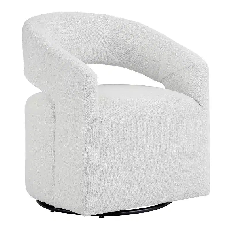 Fauteuil pivotant rond moderne en tissu bouclette Stormherald avec dossier ouvert, disponible 24 h/24 et 7 j/7 chez Shop At Home