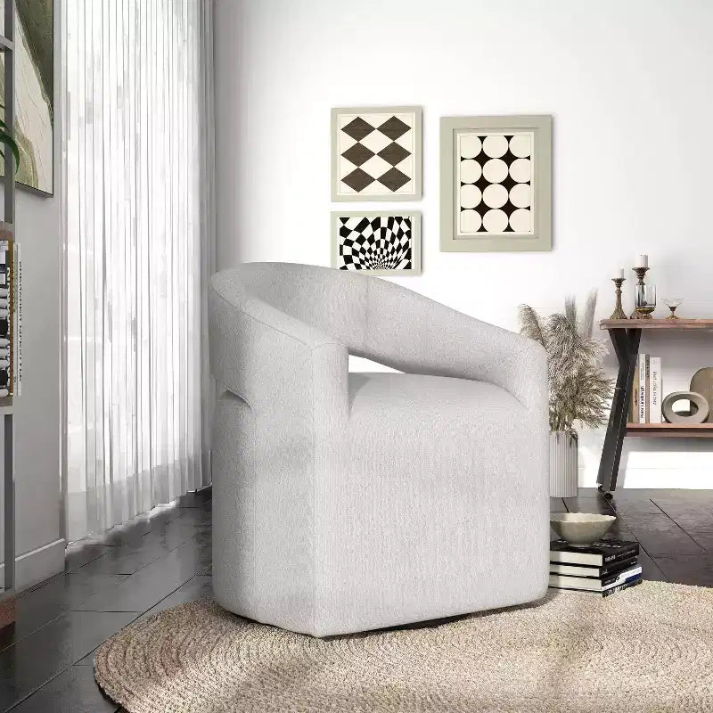 Fauteuil pivotant rond moderne en tissu bouclette Stormherald avec dossier ouvert, disponible 24 h/24 et 7 j/7 chez Shop At Home