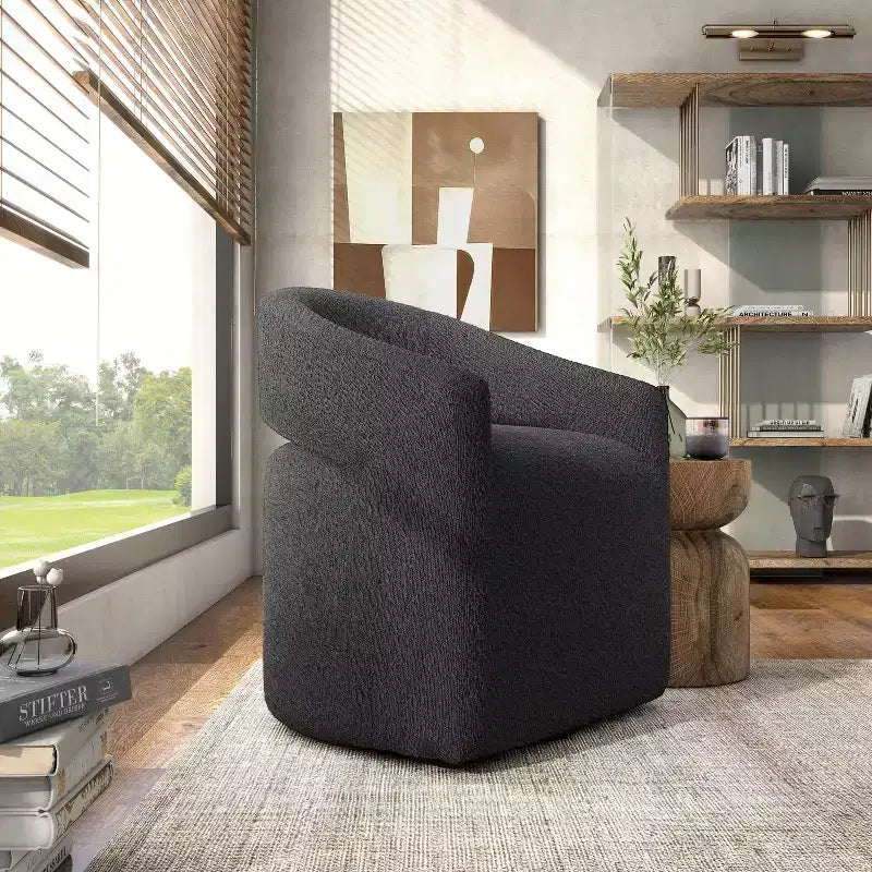 Fauteuil pivotant rond moderne en tissu bouclette Stormherald avec dossier ouvert, disponible 24 h/24 et 7 j/7 chez Shop At Home