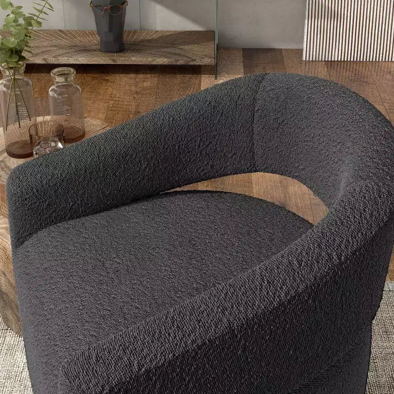Fauteuil pivotant rond moderne en tissu bouclette Stormherald avec dossier ouvert, disponible 24 h/24 et 7 j/7 chez Shop At Home
