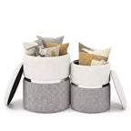 Costway Linen Fabric Storage Ottoman Set of 2 Modern Round Ottoman with Storage for Bedroom