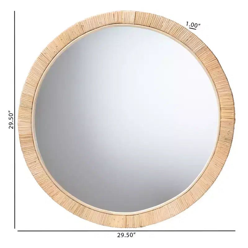 Miroir rond Bella moderne bohème en bois d'acajou marron naturel et rotin naturel de Bali & Pari