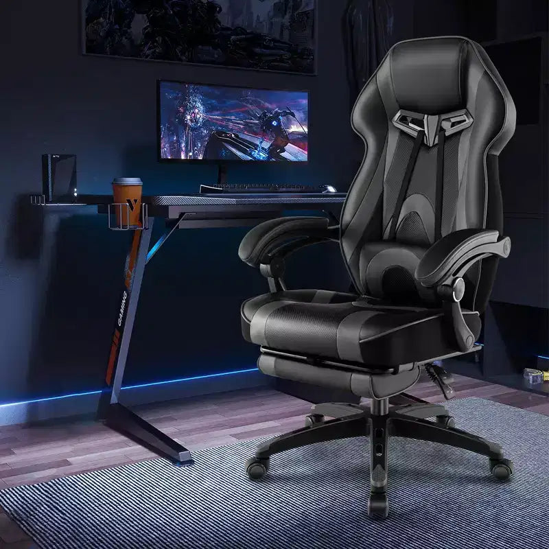 Chaise de jeu e-sport réglable Costway avec appuie-tête rembourré, support lombaire bleu/noir/gris/rouge