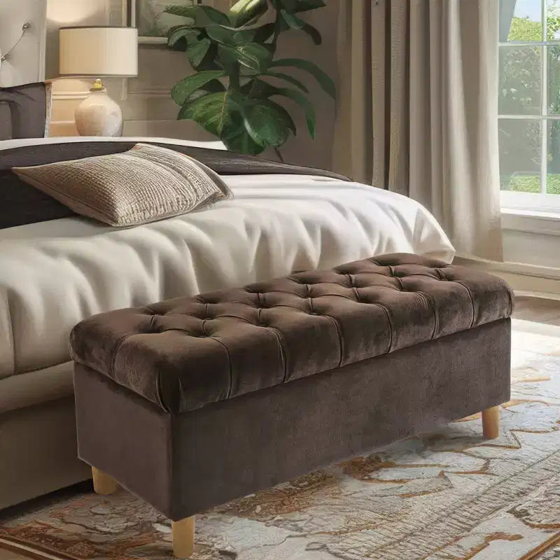Banc de rangement capitonné avec pieds coniques en bois - HomePop