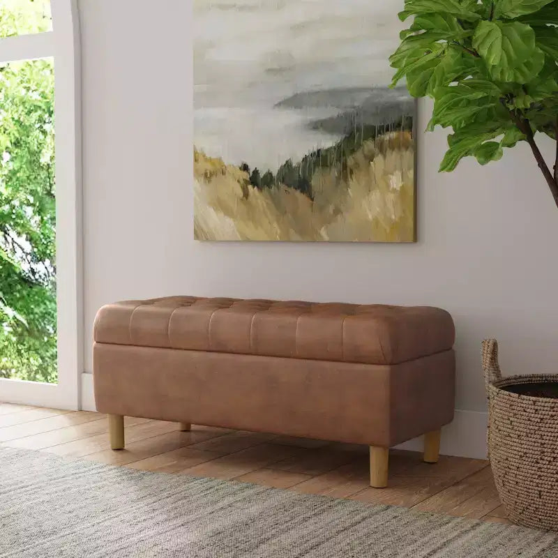 Banc de rangement capitonné avec pieds coniques en bois - HomePop