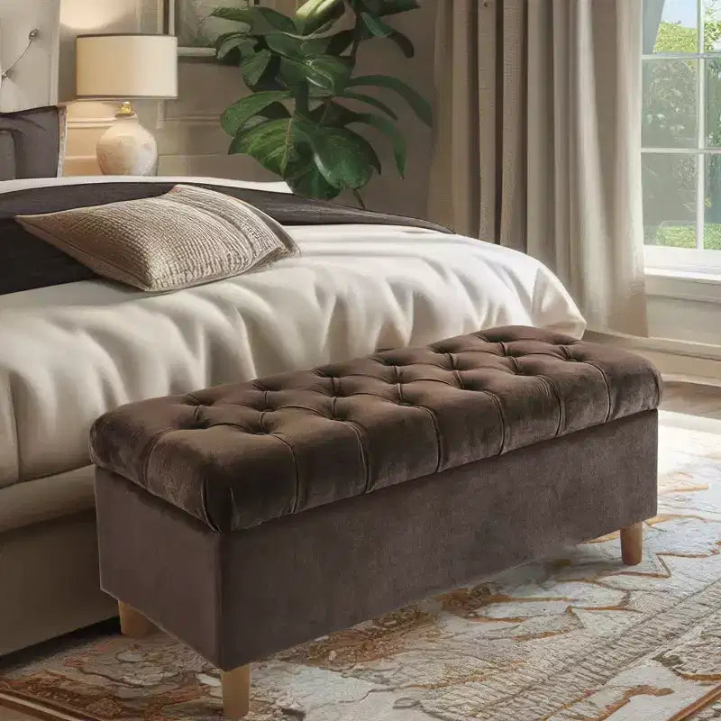 Banc de rangement capitonné avec pieds coniques en bois - HomePop