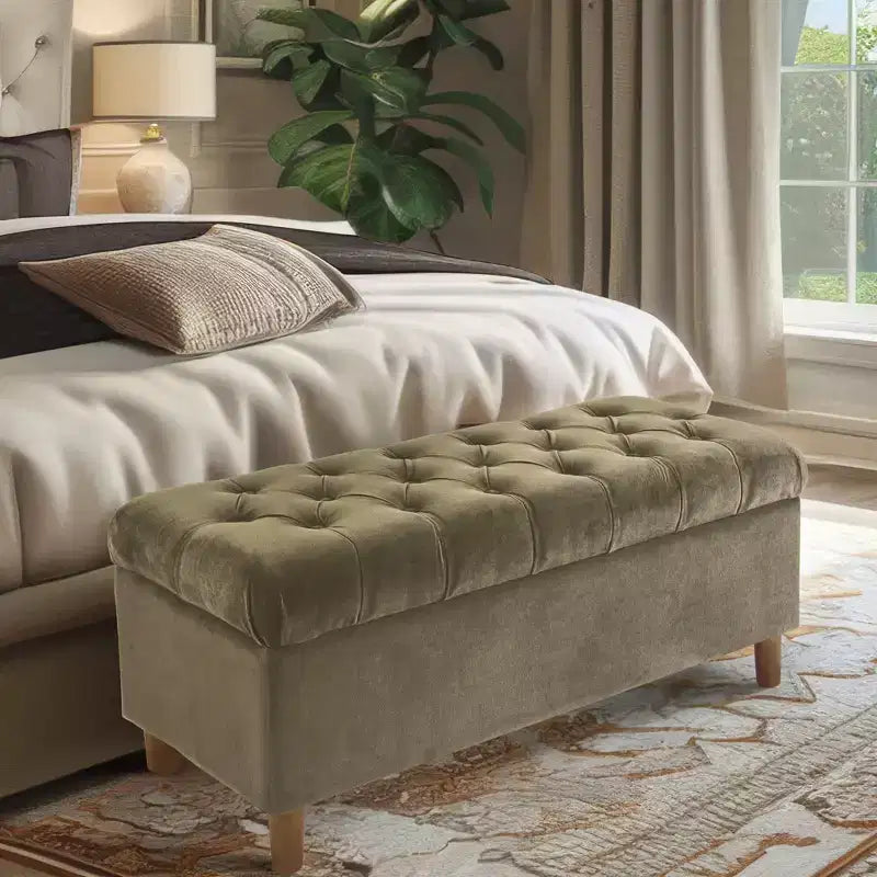 Banc de rangement capitonné avec pieds coniques en bois - HomePop