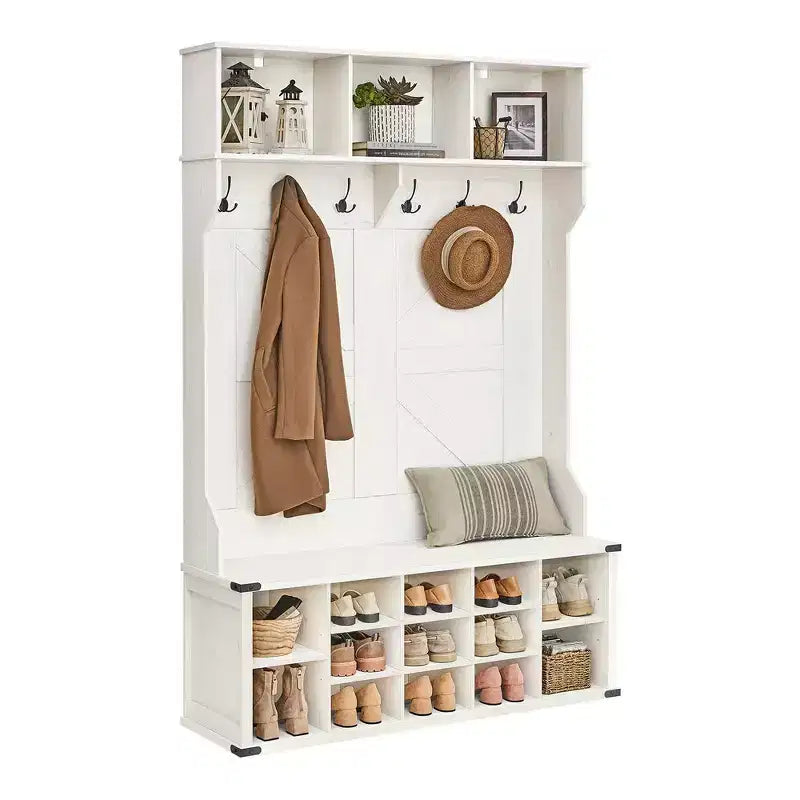 VASAGLE Meuble d'entrée avec banc à chaussures et porte-manteaux, meuble d'entrée, 16 compartiments ouverts, 6 patères
