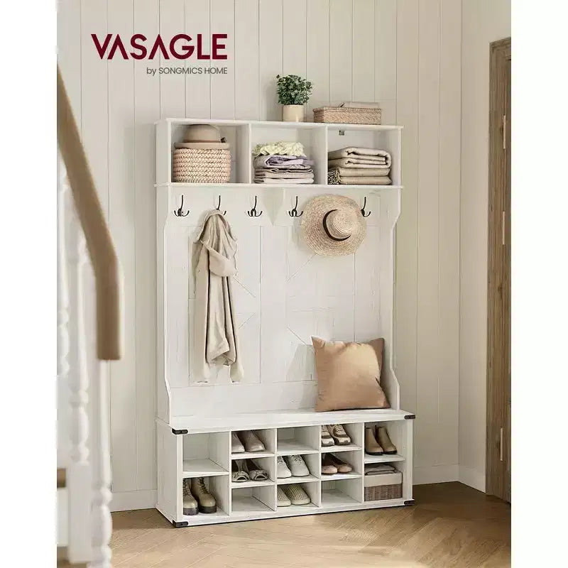 VASAGLE Meuble d'entrée avec banc à chaussures et porte-manteaux, meuble d'entrée, 16 compartiments ouverts, 6 patères