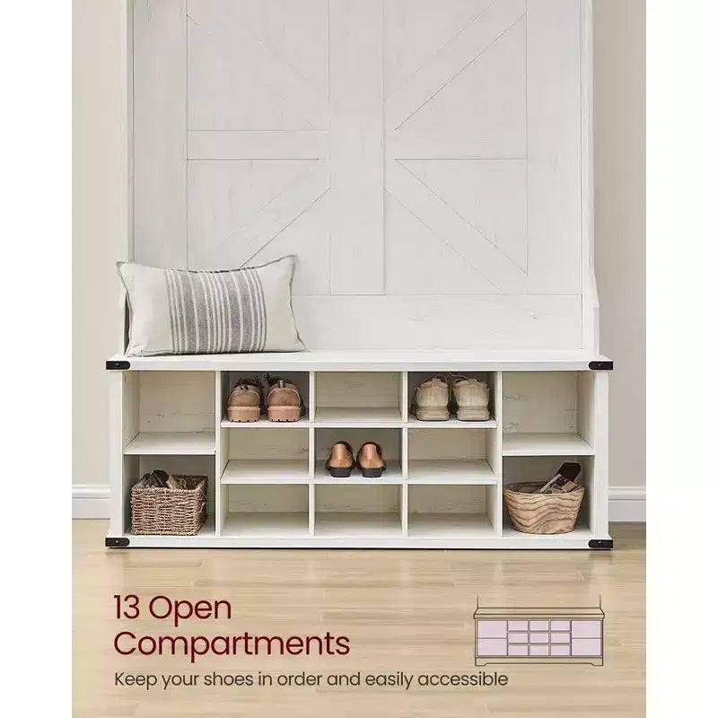 VASAGLE Meuble d'entrée avec banc à chaussures et porte-manteaux, meuble d'entrée, 16 compartiments ouverts, 6 patères