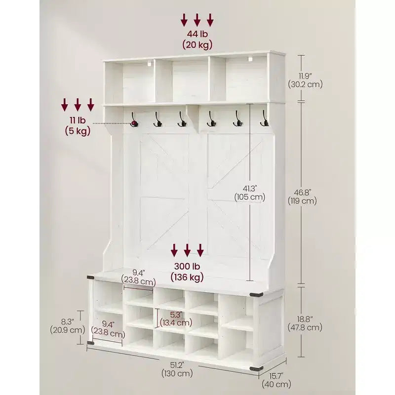 VASAGLE Meuble d'entrée avec banc à chaussures et porte-manteaux, meuble d'entrée, 16 compartiments ouverts, 6 patères