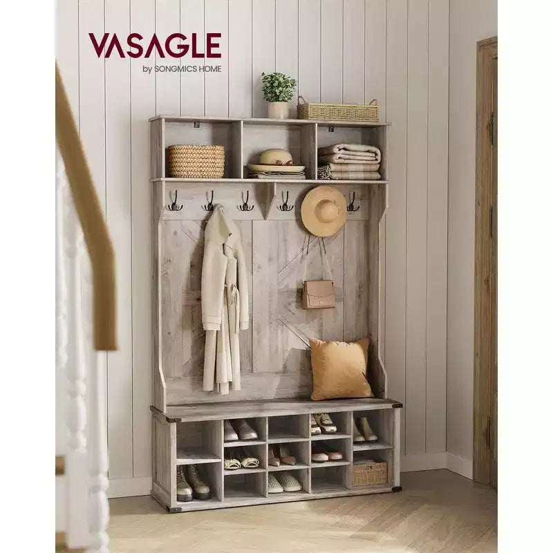 VASAGLE Meuble d'entrée avec banc à chaussures et porte-manteaux, meuble d'entrée, 16 compartiments ouverts, 6 patères