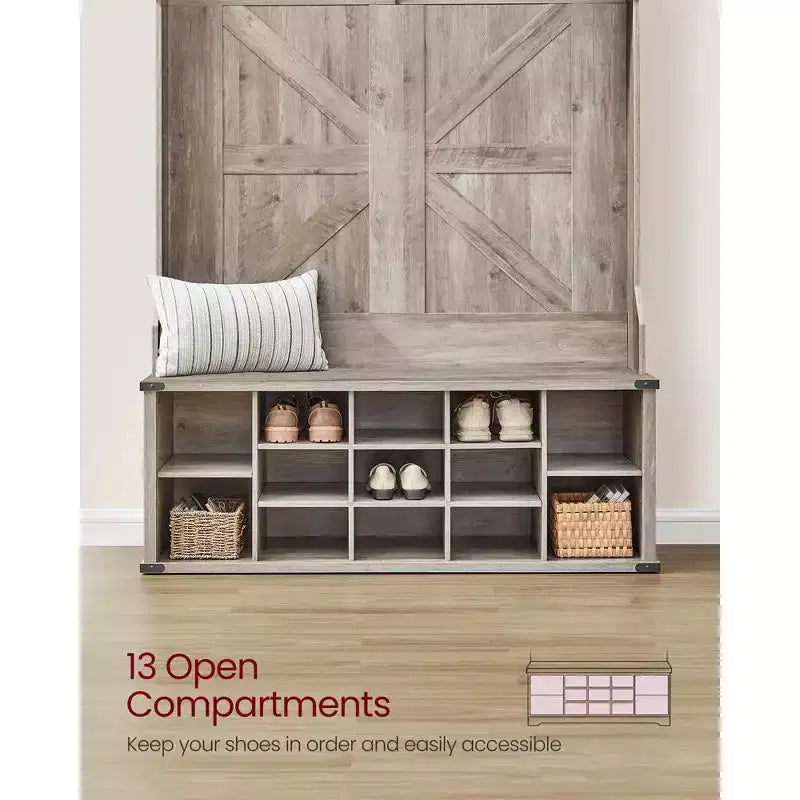 VASAGLE Meuble d'entrée avec banc à chaussures et porte-manteaux, meuble d'entrée, 16 compartiments ouverts, 6 patères