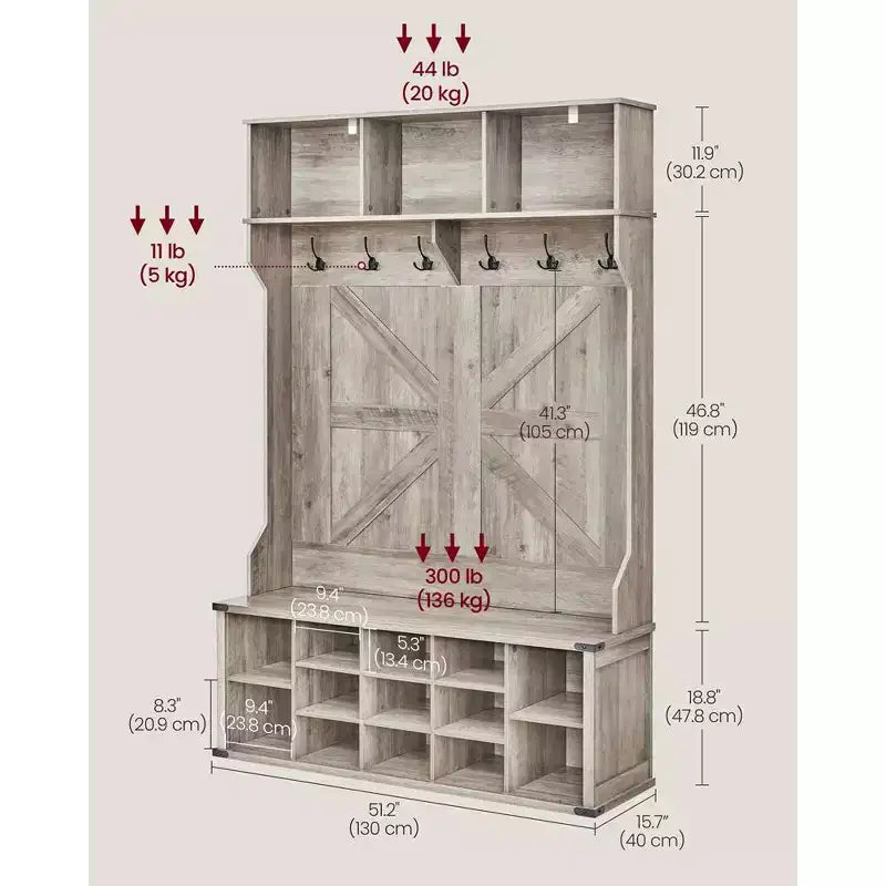 VASAGLE Meuble d'entrée avec banc à chaussures et porte-manteaux, meuble d'entrée, 16 compartiments ouverts, 6 patères
