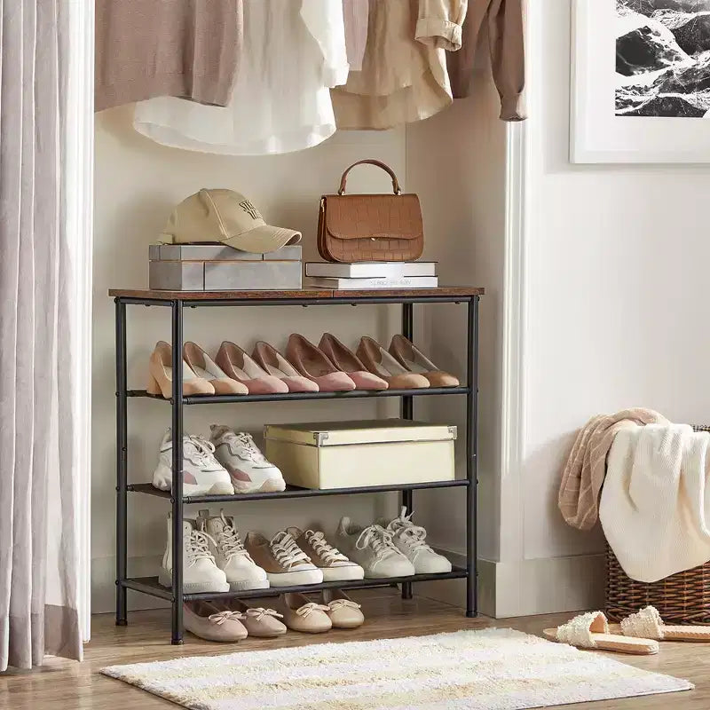 VASAGLE Meuble à Chaussures, Étagère à Chaussures à 4 Niveaux pour 9-12 Paires de Chaussures, Organiseur de Chaussures pour Entrée, Marron Rustique et Noir