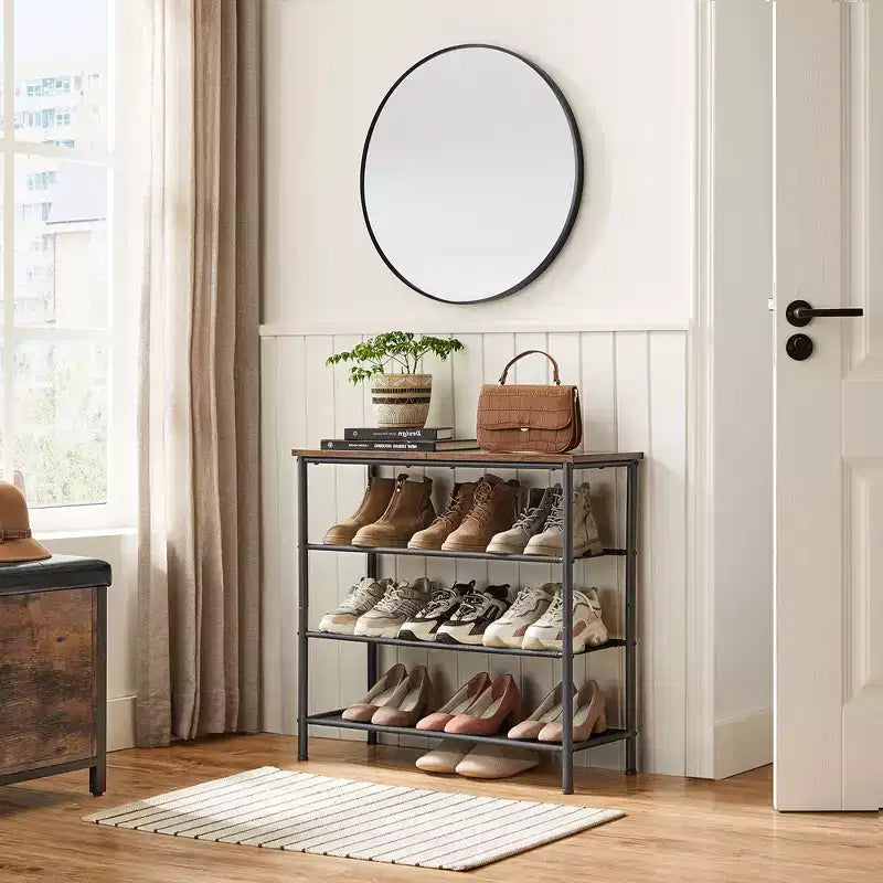 VASAGLE Meuble à Chaussures, Étagère à Chaussures à 4 Niveaux pour 9-12 Paires de Chaussures, Organiseur de Chaussures pour Entrée, Marron Rustique et Noir