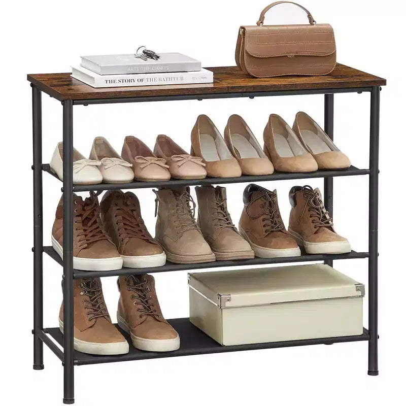 VASAGLE Meuble à Chaussures, Étagère à Chaussures à 4 Niveaux pour 9-12 Paires de Chaussures, Organiseur de Chaussures pour Entrée, Marron Rustique et Noir