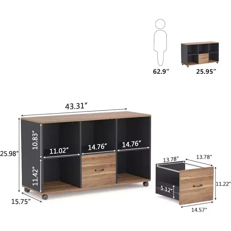 Classeurs latéraux à 2 tiroirs Lantine, classeur mobile en bois de 109 cm avec étagères de rangement ouvertes, tiroirs pour documents de format lettre
