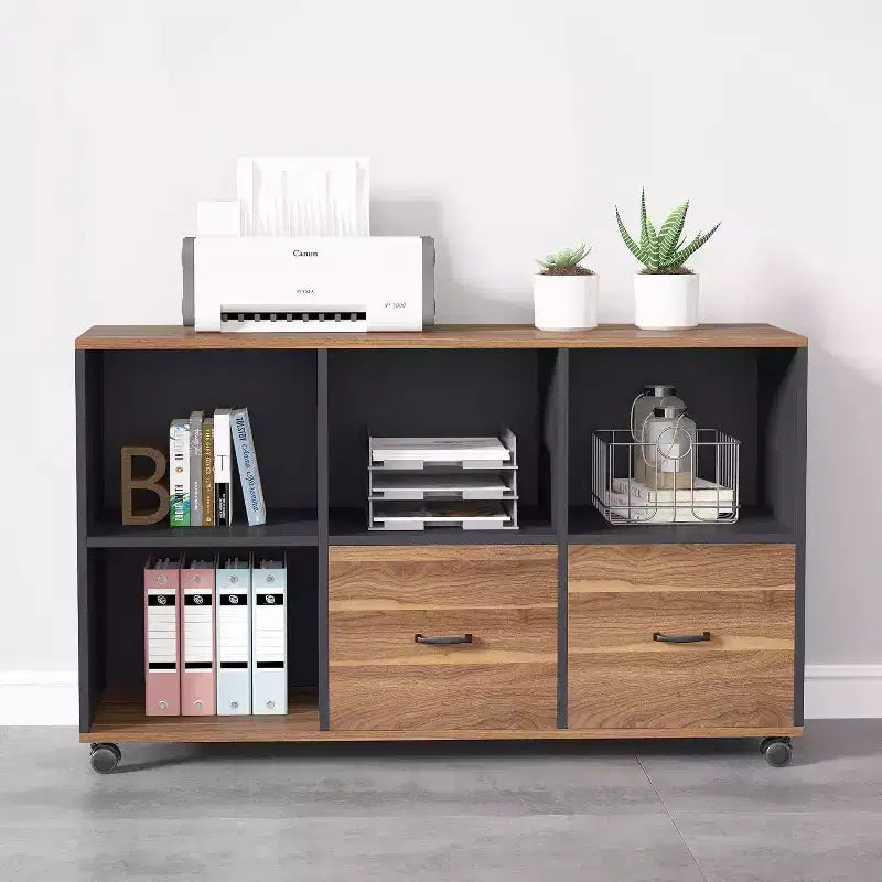 Classeurs latéraux à 2 tiroirs Lantine, classeur mobile en bois de 109 cm avec étagères de rangement ouvertes, tiroirs pour documents de format lettre