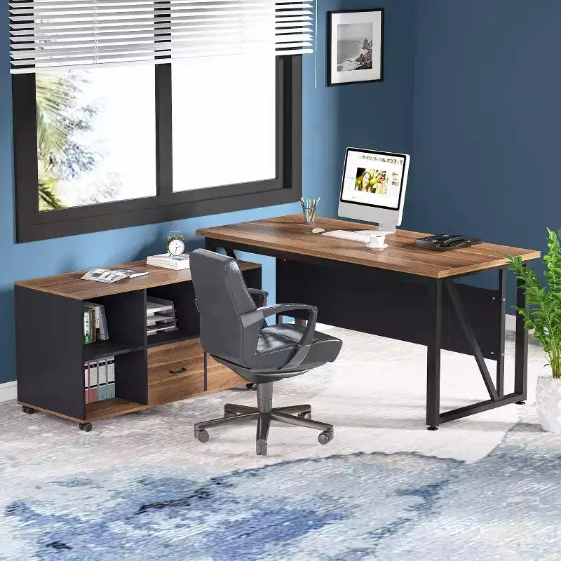 Classeurs latéraux à 2 tiroirs Lantine, classeur mobile en bois de 109 cm avec étagères de rangement ouvertes, tiroirs pour documents de format lettre