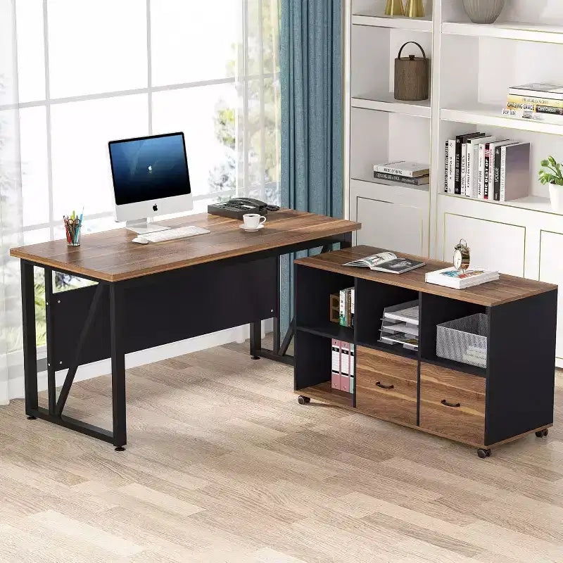Classeurs latéraux à 2 tiroirs Lantine, classeur mobile en bois de 109 cm avec étagères de rangement ouvertes, tiroirs pour documents de format lettre