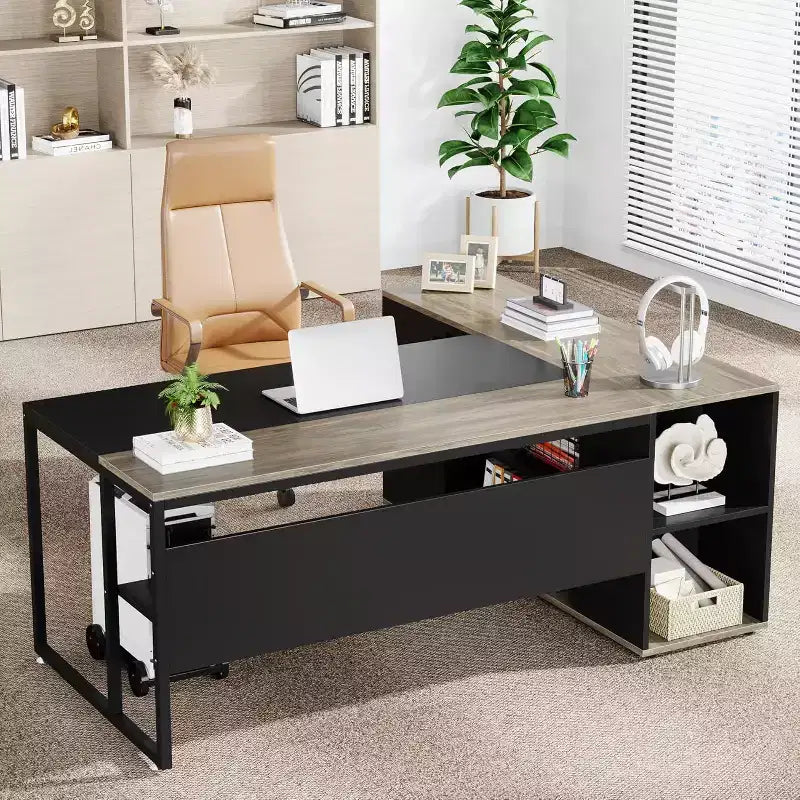 Tribesigns Bureau de Direction 70,86 Pouces, Bureau d'Angle avec Armoire de Rangement, Poste de Travail de Mobilier de Bureau Professionnel pour Bureau à Domicile