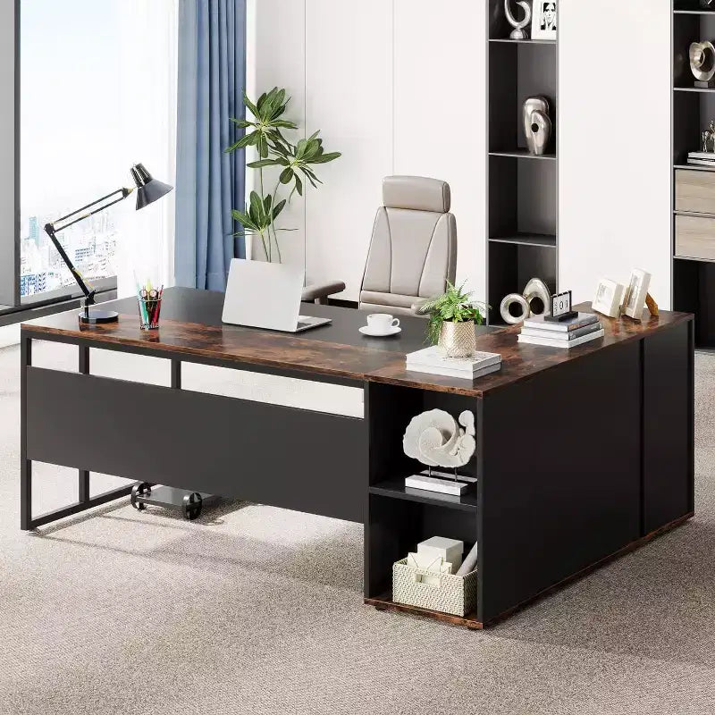 Tribesigns Bureau de Direction 70,86 Pouces, Bureau d'Angle avec Armoire de Rangement, Poste de Travail de Mobilier de Bureau Professionnel pour Bureau à Domicile