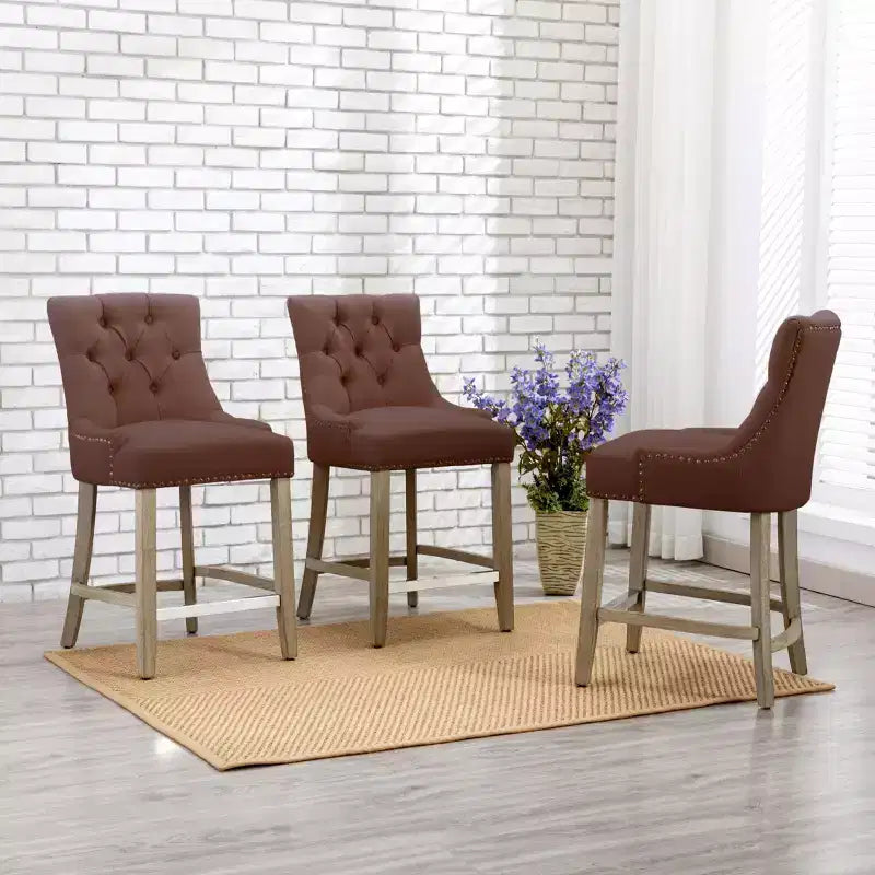 Tabouret de comptoir WestinTrends 24 en lin avec boutons touffetés et dossier ailé (Lot de 3), marron